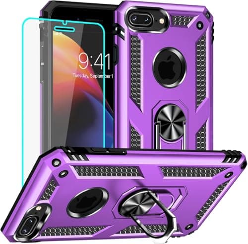 Image of Yiakeng for iPhone 8 Plus Case with Screen Protector, Military Grade Protective Phone Cover with Ring Holder Kickstand for iPhone 7 Plus / 8 Plus (Purple)