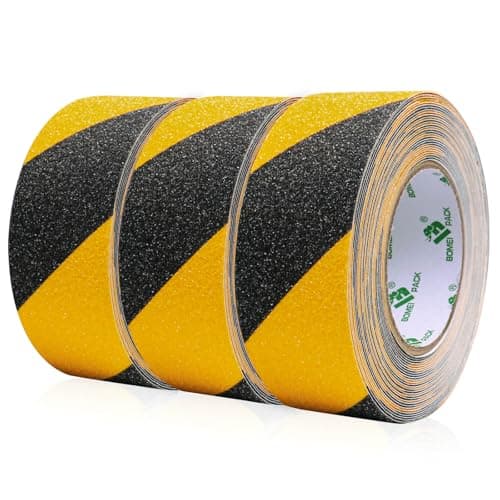 Image of BOMEI PACK 3 Rolls Yellow and Black Anti Slip Tape 50mm x 10m High Traction Strong Grip Safety Stair Treads Self Adhesive Non-slip Warning Tape