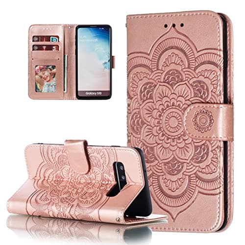 Image of EYZUTAK Case for Samsung Galaxy S10 Plus, Premium Flip Wallet Phone Case PU Leather Mandala Embossed Design Shockproof Cover with Kickstand Card Holder Protective Case - Rose Gold