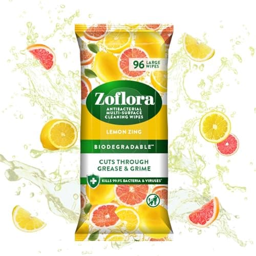 Image of Zoflora Lemon Zing Antibacterial Biodegradable Wipes, 1 x 96 Wipes, Multi-Surface Cleaning Wipes, Kills 99.9% of Bacteria & Viruses, Citrus Fresh Scent