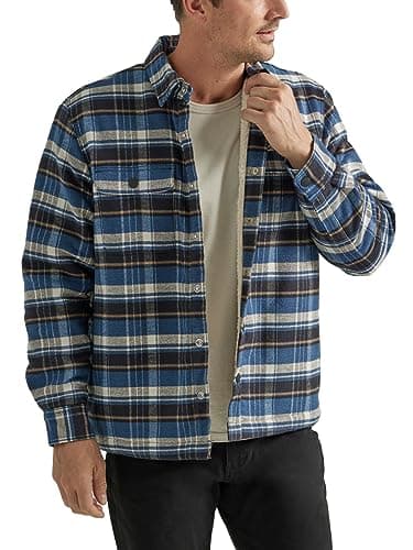 Image of Lee Men's Workwear Loose Fit Long Sleeve Button-Down Overshirt, Sherpa Lined Blue Plaid, 50/52
