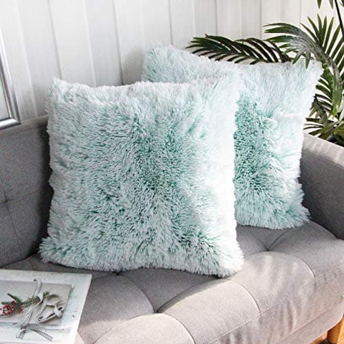Image of Uhomy 2 Packs Fluffy Plush Pillow Cover 18"x18", Fall Winter Home Decorative Luxury Green Ombre Soft Fluffy Faux Fur Throw Pillow Cover Cushion Case for Sofa Bed, Green Ombre 45x45 cm