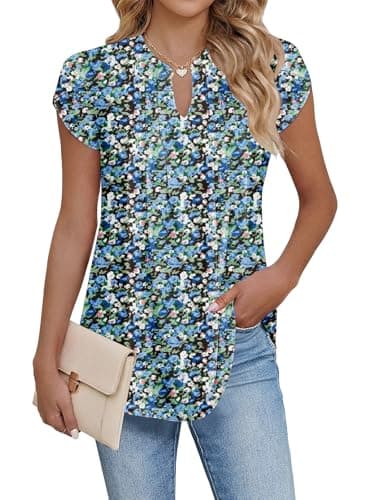 Image of Cuptacc Summer Tops for Women V Neck Short Sleeve T-Shirts Elegant Pleated Flowers Tunic Top Black Blue Floral, XX-Large XXL 24-26