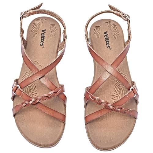 Image of Veittes Women's Casual Flat Slide Sandals,Fashion Braided Cross Strap,Adjustable Ankle Straps, Open Toe Summer Sandals.(2207023,LB/MF,6 UK)