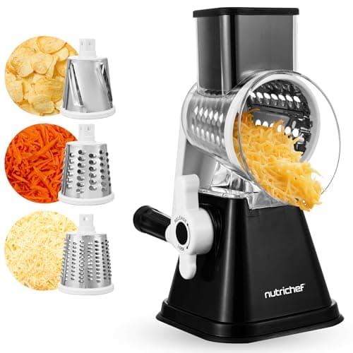 Image of NutriChef Rotary Cheese Grater 3 in 1 – Manual Cheese Shredder with 3 Stainless Steel Drums, Strong Suction Base for Kitchen, for Vegetables, Carrot, Potato, Coconut