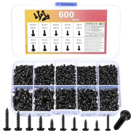 Image of 600 Pcs Torx Pan Head Self Tapping Screws Set, Small Black Round Head Torx Self-Tapping Wood Screws Assortment Set for Plastic Wood Soft Metal(M2 M2.3 M2.6 M3)