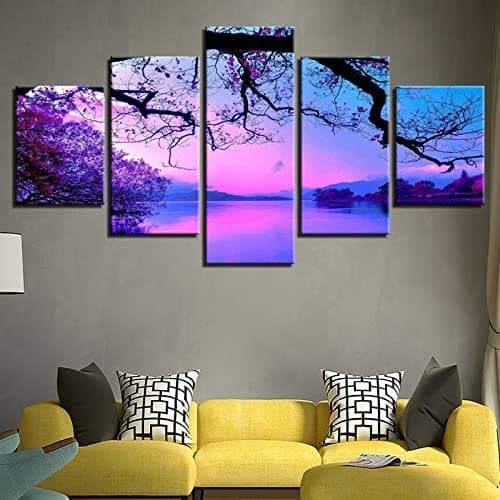 Image of 5 Pcs Canvas Poster Wall Artpurple Sunset Landscape Flowers(Xxl/With Frame 200 X 100 Cm) Wall Decor Modern Artwork Painting For Home Office Living Room Bedroom For Dining Room Children'S Room Galle