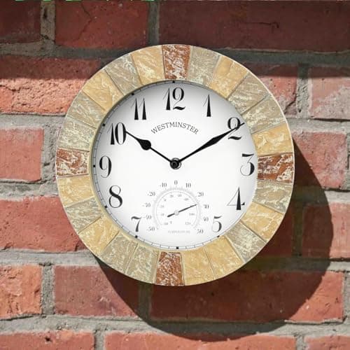Image of Homezone 10" Brick Effect Garden Clock & Thermometer - Large Battery Operated Wall Clock Water Resistant Resin with Temperature Gauge - Durable Quartz Clock for Indoor & Outdoor Garden Decoration
