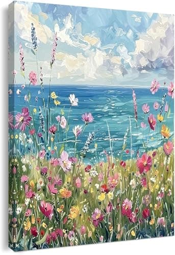 Image of Canvas Wall Art Framed – Coastal Wildflower Meadow Artwork Colourful Seaside Oil Painting Style Wall Decor for Living Room Bedroom Hallway or Entryway Home Decoration with Hooks and Nails 16 x 20 inch