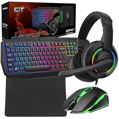 Image of Scorpion 4-in-1 Gaming Set, Keyboard with RGB LED, 2400 DPI Mouse, Mouse Mat, LED Gaming Headset, UK Layout, Fully Wired