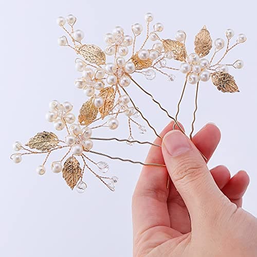 Image of Lusofie 3Pcs Bridal Hair Pins Gold Flower Hair Pins Pearl Bridal Hair Pieces Gems Jewels Rhinestone Wedding Hair Accessories for Women Girls(3.54In)