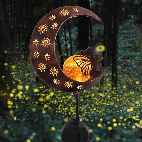 Image of TERESA'S COLLECTIONS Large Garden Ornaments Outdoor, Gifts for Women, Metal Fairy Sitting on Moon Solar Lights Outdoor Garden, Solar Stake Lights with Crackle Glass Ball for Lawn, Path, 40inch