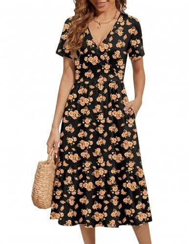Image of Zeagoo Summer Dresses for Women UK Casual Short Sleeve Ladies Dresses V Neck Midi Dresses Floral Dress with Pockets Orange Flowers XXL