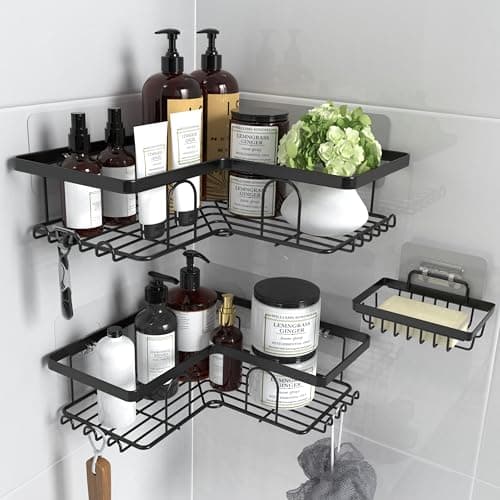 Image of Malajess Corner Shower Caddy 3-Pack, Self Adhesive Wall Mounted Shower Shelf with Soap Holder and Hooks, Large Capacity, No Drilling, Rustproof Shower Organiser Bathroom Storage Rack