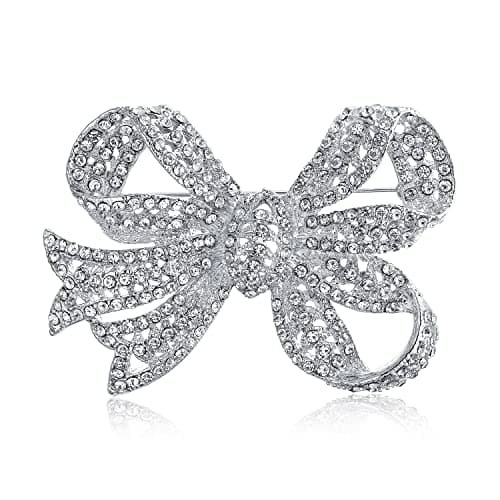 Image of Victorian Vintage Style Winter Wedding Holiday White Glittering Crystal Pave Bridal Fashion Large Statement Filigree Ribbon Bow Scarf Brooch Pin For Women Silver Plated
