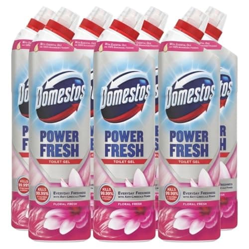 Image of Domestos Power Fresh Floral Fresh Toilet Gel eliminates 99.99% of germs* | Limescale Remover & Disinfectant for Toilets & Bathrooms | 6 x 750 ml Bottles | Long-Lasting Freshness & Hygiene