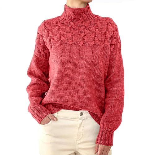 Image of Womens Roll Neck Jumper Women's Jumpers Elegant Turtle Neck Tops Ladies Long Sleeve Pullover Polo Roll Neck Cable Knit Autumn Winter Tunic Blouses 01-Watermelon Red XXL