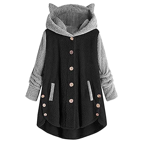 Image of Hoody Womens Pullover Cat Ear Hat Teddy Fleece Solid Casual Loose Irregular Hem Sweatshirt Shirt Blouse Jumper Tops Jacket Hooded Fleece Solid Patchwork Casual Loose Irregular Hem Outwear Overcoat