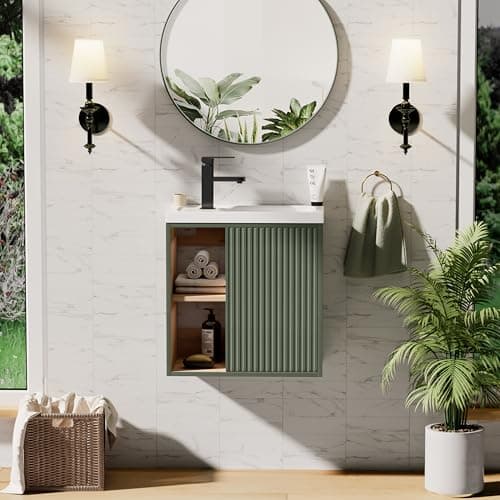 Image of UEV 500 mm Wall Hung Vanity Unit with Resin Sink, Space-Saving Storage Cabinet, Modern Green Line Design, Wall Mounted Cloakroom Basin