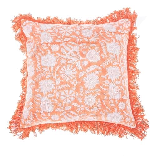 Image of Sass & Belle Block Print Fringed Cushion Cover Terracotta – 45x45cm Decorative Throw Pillowcase, Boho Sofa or Bed Accent in Warm Earthy Orange Tone for Home Styling