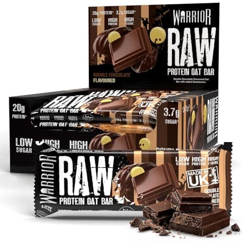 Image of Warrior RAW Protein Bars 12 x 75g – 20g High Protein Bar, Low Sugar High Fibre Oat Protein Flapjack – Protein Snacks, Meal Replacement Bars (Double Chocolate)