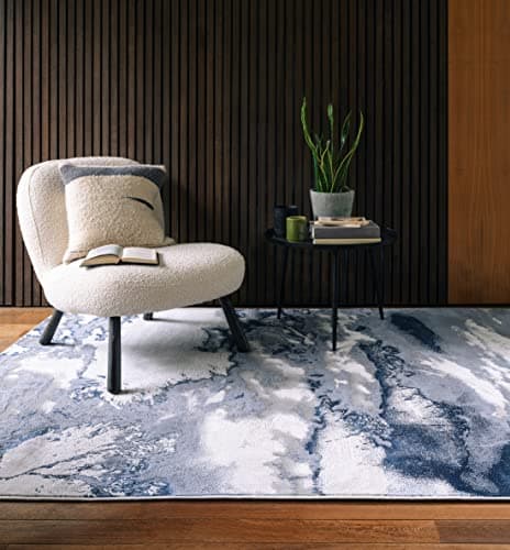 Image of Lord of Rugs Aurora Storm AU20 New Modern Abstract Marbled Shiny Blue Silver Luxury Rug (80x150cm (2'6"x5'0"))