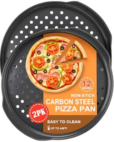 Image of CoCoCherry 2 Pack 12 Inch Pizza Tray - Perforated Round Pizza Trays for Oven Non Stick, with Extra Large Handles & Cushion Base, Carbon Steel Pizza Pan, 32 x 35cm