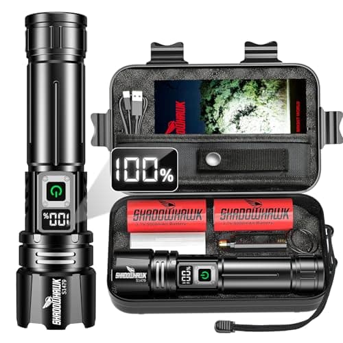 Image of Shadowhawk 24H Runtime Rechargeable Torch (2pcs Batteries) | IP67 Waterproof 500000 Lumen Super Bright Flashlight with LCD Display for Camping/Emergency/Dog Walking/Power Cuts, 5 Modes, Zoomable