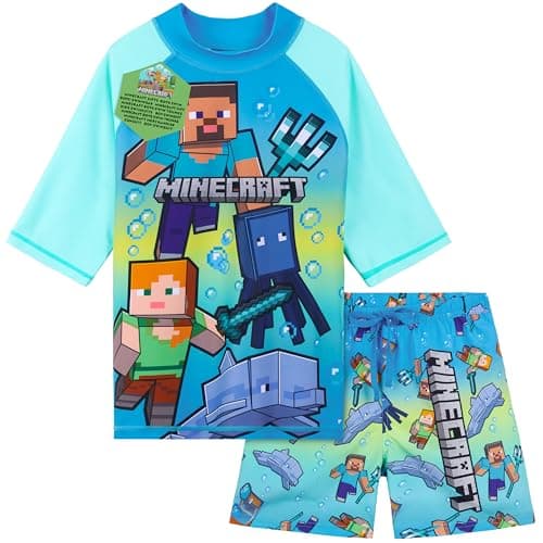 Image of Get Trend Minecraft Swimsuit Set for Boys Teenagers 2 Pcs with Swimming Trunks Creeper Boys Rash Vest for Swimming Beach Trip Gamer Holiday Essentials (7-8 Years, Blue/Green Minecraft)