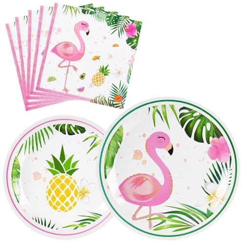 Image of WERNNSAI Flamingo Party Supplies - 48PCS Luau Summer Hawaiian Luau Themed Tableware Set for Girl Kids Birthday Pink Dinner Dessert Plates and Napkins for Tropical Pool Party Decoration Serves 16 Guest