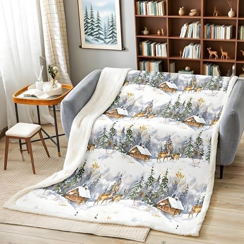 Image of Loussiesd Elk Printed Sherpa Blanket, 50"x60" Animal Pattern Fleece Throw Blanket for Sofa, Couch, Christmas Theme, Plush, Stain Resistant, Winter, Multi 2, Single