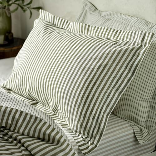 Image of Furn. Yard Hebden Mélange Stripe 100% Cotton Pillowcase Pair – Soft Textured Striped Design (Olive – 50x75cm)