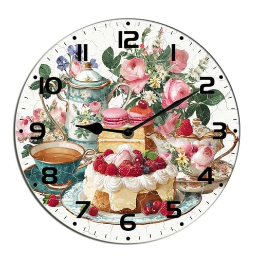 Image of Horienteeon Teapot Afternoon Tea Wall Clock Dessert Cake Kitchen Living Room Silent Non-Ticking Decorative Clock Battery Operated Bedroom Home Decorative Hanging Desk Art Round 10"