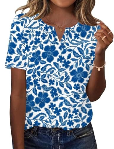 Image of Rapbin Ladies Tops Short Sleeve V Neck Summer T Shirts Elegant Floaty Floral Printed Tunic Blouse White Blue Floral-M(UK 12-14)