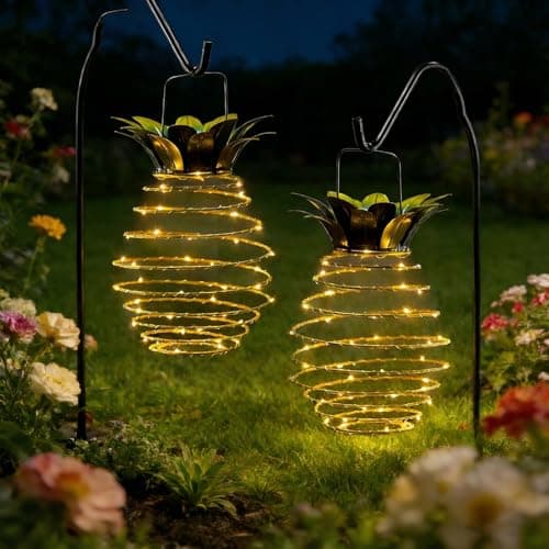 Image of 2 Pack Solar Spiral Lanterns Outdoor, 60LED Hanging Lights with Pineapple Pattern, Waterproof Solar Powered Garden Light for Outside, Garden, Patio, Porch and Yard Decor, Gift for Women and Friend