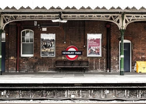 Image of Fmarui Train Station Backdrop 9x6ft Nostalgic Railway Old Brick Wall Playbill Bench Photography Background Locomotive Track City Photoshoot Props