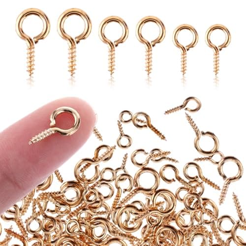 Image of Amabro 300PCS 3 Sizes Small Screw Eye Pins, Mini Metal Eye Pins Hooks Eyelets Screw Peg Threaded Self Tapping Screw Threaded Clasps Hooks for Jewelry Making Findings DIY Crafts(Gold)
