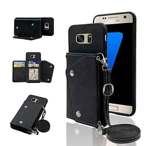 Image of Elisorli Phone Cover for Samsung Galaxy S7 Wallet Case with Crossbody Shoulder Strap and Stand Leather Credit Card Holder Flip Purse Cell Accessories Glaxay S 7 7s GS7 SM-G930V G930A Women Girls Black