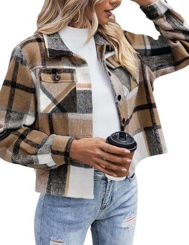 Image of Zeagoo Women's Flannel Shirt Long Sleeve Plaid Shacket Casual Cotton Button Down Lapel Jacket Coat Brown L
