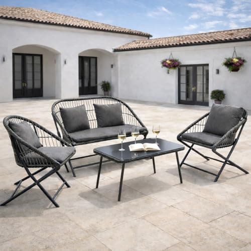 Image of Dawsons Living Folding 4 Seat Rattan Bistro Set with Table and 2 Chairs, 4 Piece Sofa Set (Mid Grey Sofa Set)