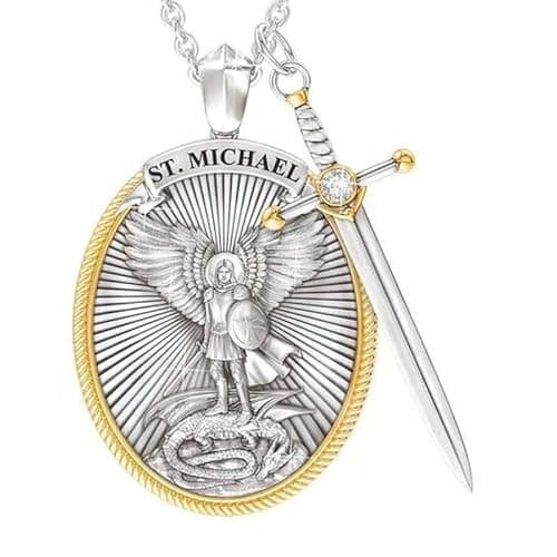 Image of GAUEIOUR New Archangel St. Michael Catholic Patron Steel Pendant Necklace,Christian Amulet, Fashionable Retro Men's Alloy Necklace Pendant, Prayer Necklaces, Christian Gift