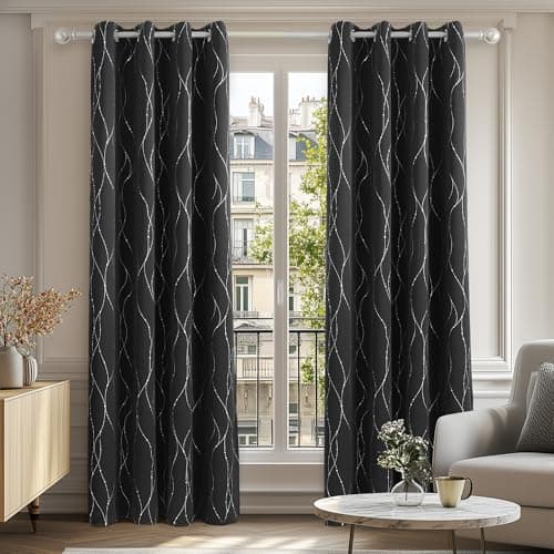 Image of Deconovo Bedroom Curtains Dotted Line Foil Printed Thermal Insulated Window Treatment Eyelet Blackout Curtains for Livingroom 46 x 54 Inch Black Two Panels