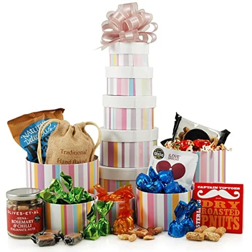 Image of Hampergifts Sweet & Savoury Gift Tower - Food & Snacks Hamper Presented in 5 Gift Boxes & Hand Tied with Ribbon