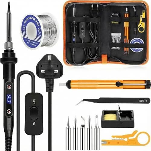 Image of Small Soldering Iron Kit 80W: Adjustable Temperature 180-520°C Electric LCD Welding Tools with 5 Soldering Tips Stand Desoldering Pump Solder Wire and Tweezers