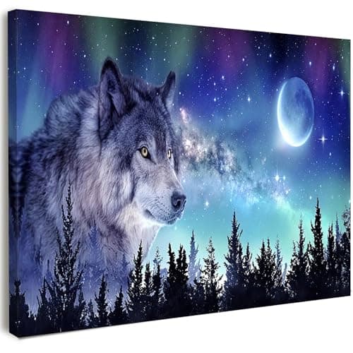 Image of Canvas Wall Art Framed – Wolf Moon Night Sky Artwork with Northern Lights, Fantasy Nature Wall Decor for Bedroom, Living Room, Hallway or Entryway Home Decoration, with Hooks and Nails, 12x16 Inch