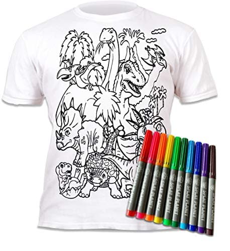 Image of Splat Planet Dinosaur T-Shirt with 10 Non-Toxic Washable Magic Pens - Colour Your Own, Wash Out T Shirt (5-6 Years) White