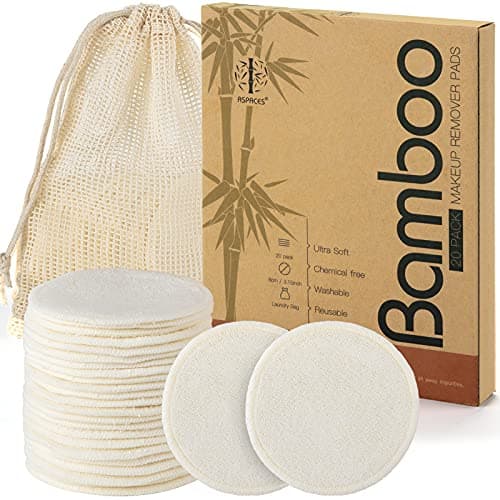 Image of ASPACES Reusable Makeup Remover Pads - 20 Packs Natural Bamboo Cotton Rounds Eco-Friendly for All Skin Types with Cotton Laundry Bag, White