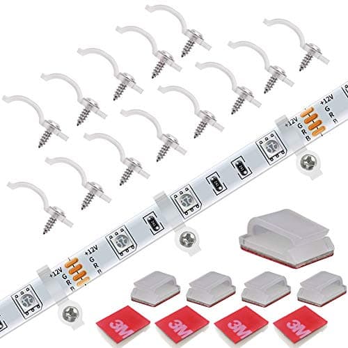 Image of FSJEE 150-Pack Mounting Brackets Fixing Clips for 10mm Wide Waterproof 5050 LED Strip Light, 100 Pack One Side Fixing, Screws Included, 50Pack Self-Adhesive Strip Brackets Holder
