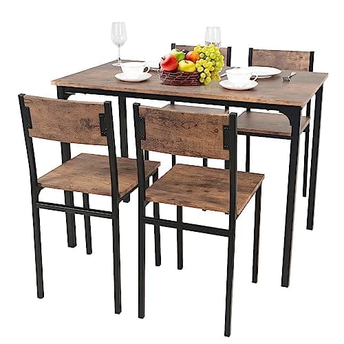 Image of PULUOMIS Dining Table and Chairs Set 4, Breakfast Dining Table and 4 Chairs 5 Piece Dining Room Set, Modern Design for Kitchen Home Bistro Patio Garden, Brown