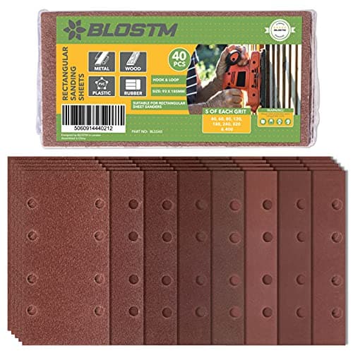 Image of BLOSTM 40PCS Sandpaper for Electric Sander - Hook and Loop Sanding Pads Assorted 40/60/80/120/ 180/240/320/400 Grit Fit Rectangular Electric Sander - 93 x 185mm
